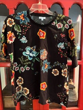 Johnny Was Black Floral Short Sleeve Tee with Multicolor Blooms